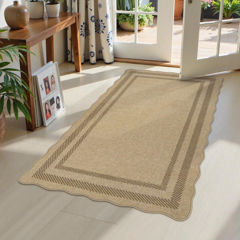 LIVEBOX Scalloped Easy Jute 3x5 Outdoor Rug, Washable Non-Slip Geometric Tan Rugs for Entryway, Indoor Outdoor Farmhouse Rug Modern Carpet Door Mat Area Rug for Patio Bedroom Living Room Kitchen Porch - Image 1