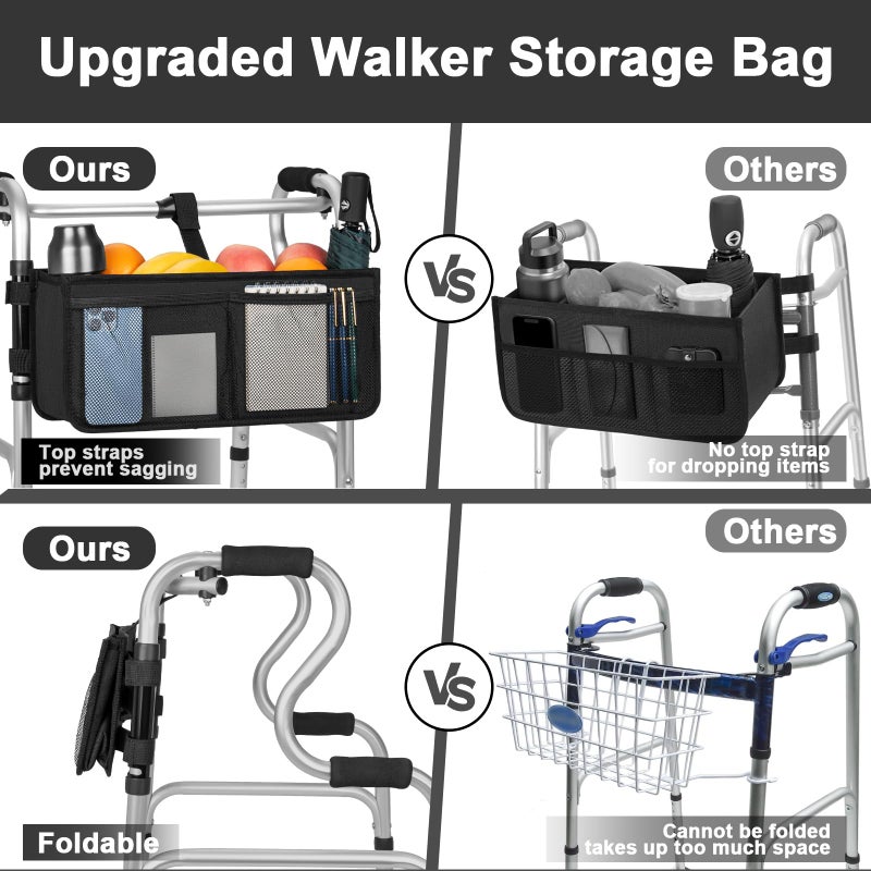 FREEAMG Walker Basket for Folding Walker, Large Capacity Foldable Walker Bag, Walker Storage Bag With Cup Holder, Detachable Walker Accessories Basket for Seniors (Black) - Image 3