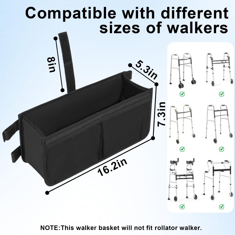 FREEAMG Walker Basket for Folding Walker, Large Capacity Foldable Walker Bag, Walker Storage Bag With Cup Holder, Detachable Walker Accessories Basket for Seniors (Black) - Image 4