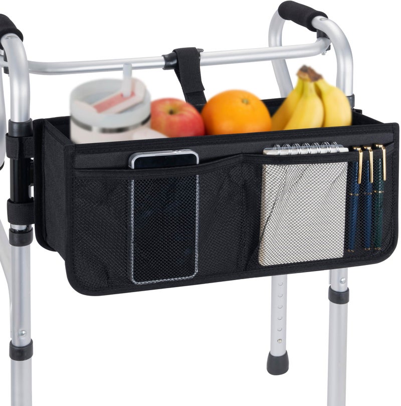 FREEAMG Walker Basket for Folding Walker, Large Capacity Foldable Walker Bag, Walker Storage Bag With Cup Holder, Detachable Walker Accessories Basket for Seniors (Black) - Image 1