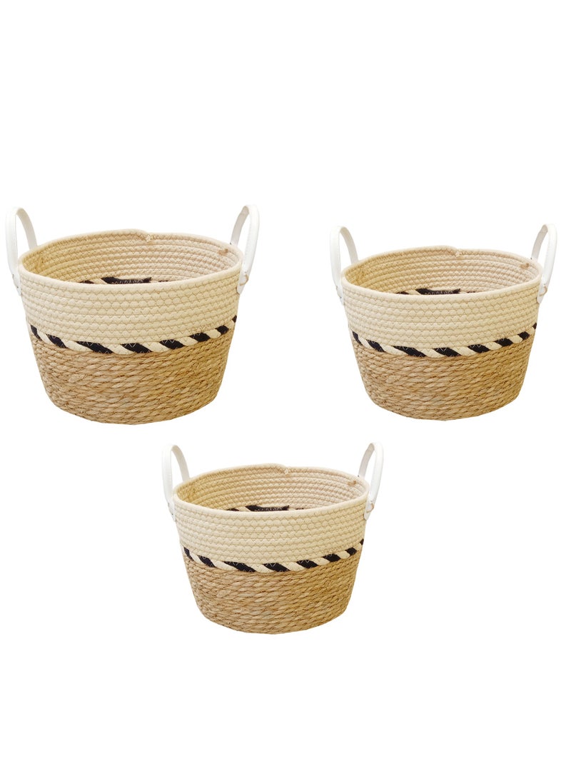 YINZUO Natural Woven Basket with White Handles – Jute and Cotton Rope Storage Bin, Decorative Organizer for Laundry, Toys, and Blankets – Multi-Color Design, Eco-Friendly Home Décor  - Image 1
