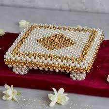 SEER Pooja Items Pooja chowki Pearl Chowki 55 x 55 x 15 inches Cream and Gold Pearl Gift Item Janmashtami Diwali Puja - Image 1