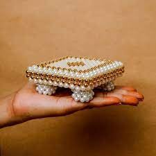 SEER Pooja Items Pooja chowki Pearl Chowki 55 x 55 x 15 inches Cream and Gold Pearl Gift Item Janmashtami Diwali Puja - Image 4