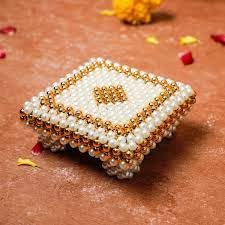 SEER Pooja Items Pooja chowki Pearl Chowki 55 x 55 x 15 inches Cream and Gold Pearl Gift Item Janmashtami Diwali Puja - Image 2