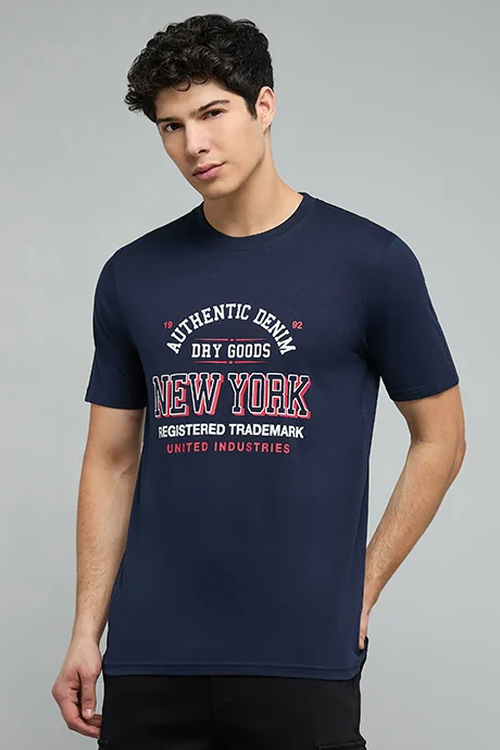 أر أند بي Typography Print T-Shirt with Crew Neck and Short Sleeves