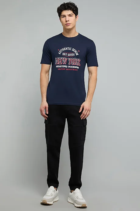 أر أند بي Typography Print T-Shirt with Crew Neck and Short Sleeves