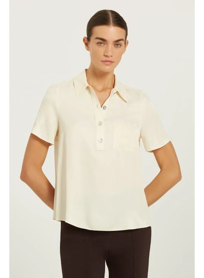 Mısırlı 1951 Beige Shirt-Collar Button Short Sleeve Blouse.