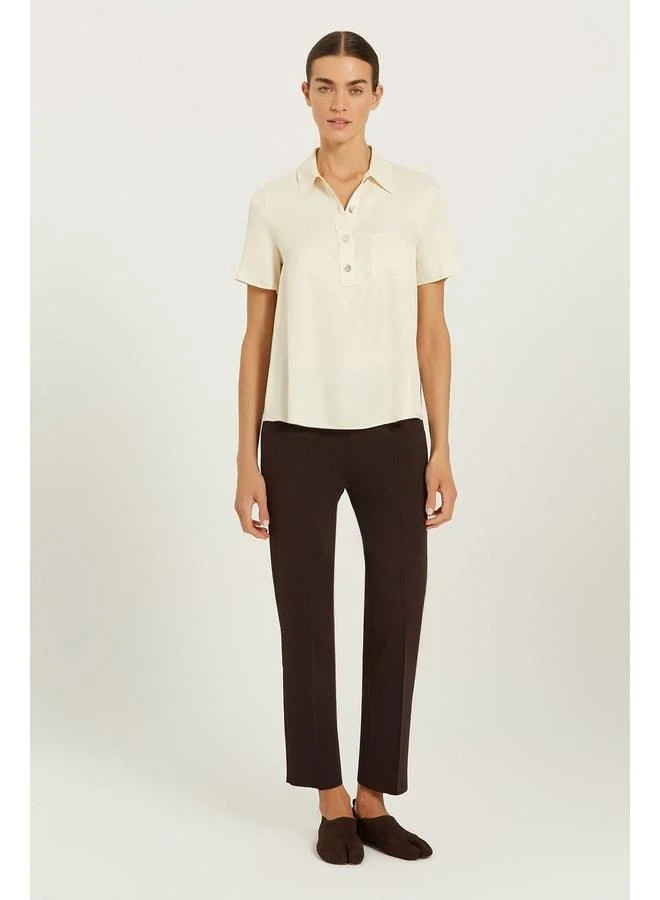 Mısırlı 1951 Beige Shirt-Collar Button Short Sleeve Blouse.