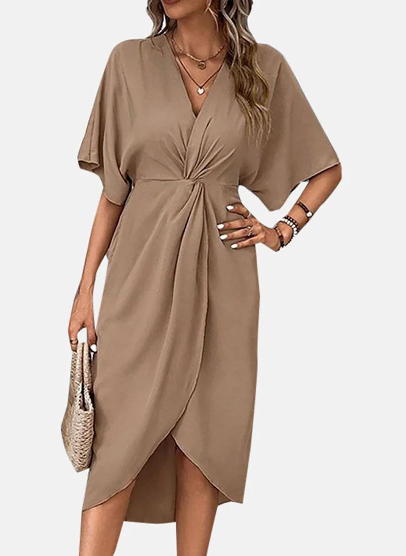 YUNIQEE Brown V-Neck Solid Dress
