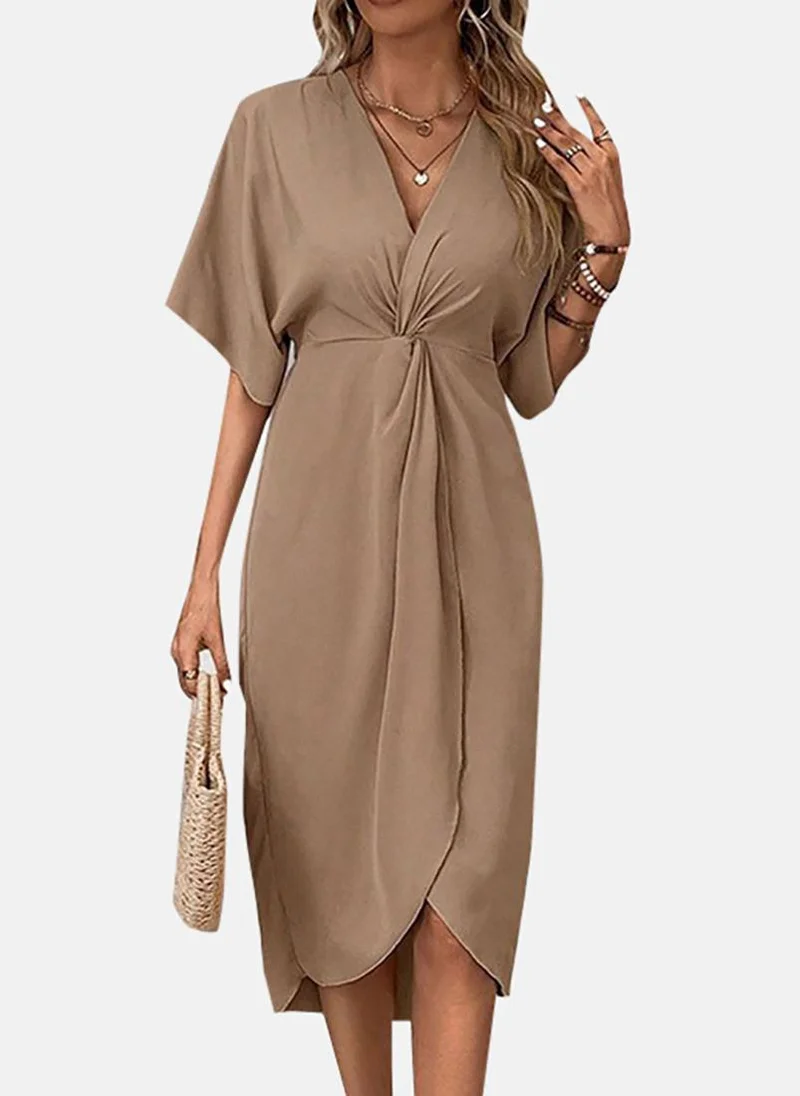 YUNIQEE Brown V-Neck Solid Dress
