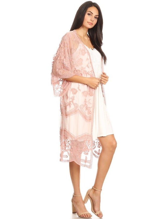 Anna-Kaci Womens Long Embroidered Lace Kimono Cardigan with Half Sleeves, Mauve, OneSize - Image 3