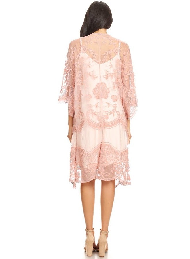 Anna-Kaci Womens Long Embroidered Lace Kimono Cardigan with Half Sleeves, Mauve, OneSize - Image 2