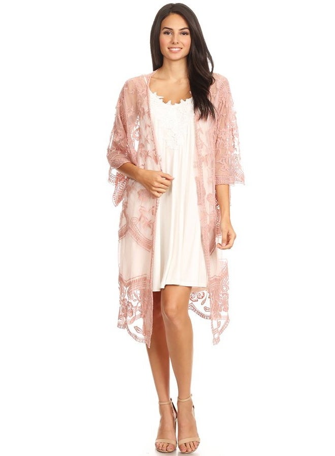 Anna-Kaci Womens Long Embroidered Lace Kimono Cardigan with Half Sleeves, Mauve, OneSize - Image 1