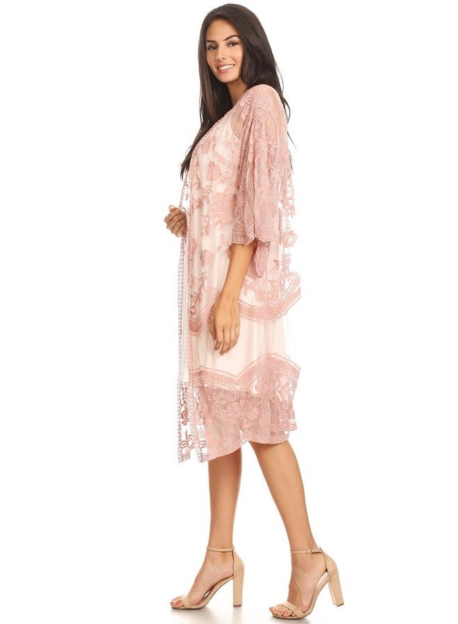 Anna-Kaci Womens Long Embroidered Lace Kimono Cardigan with Half Sleeves, Mauve, OneSize - Image 4