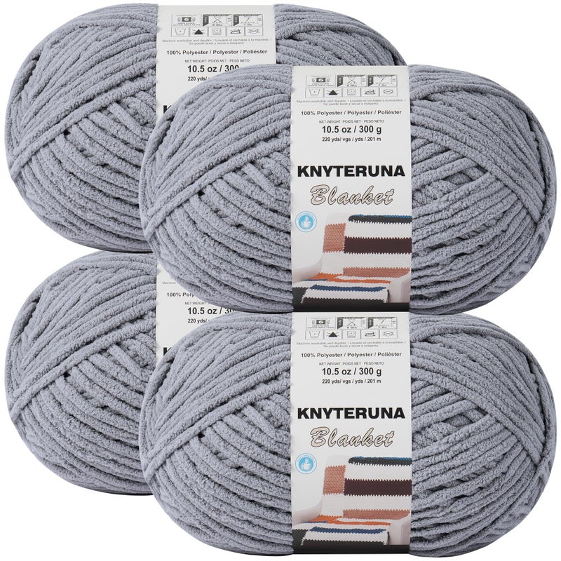 Knyteruna #6 Super Bulky Blanket Yarn for Crocheting - 4 Skeins(Each 10.5oz/300g, 220yds/201m), Chunky Chenille Thick Plush Big Soft Yarn for Crocheting Knitting Blankets, Light Grey - Image 1