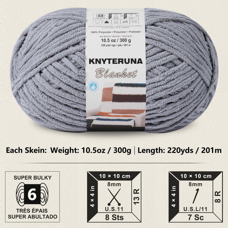 Knyteruna #6 Super Bulky Blanket Yarn for Crocheting - 4 Skeins(Each 10.5oz/300g, 220yds/201m), Chunky Chenille Thick Plush Big Soft Yarn for Crocheting Knitting Blankets, Light Grey - Image 2