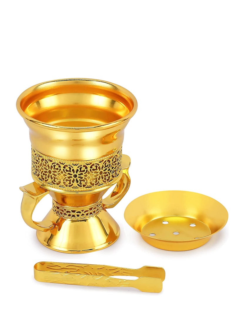 SAQOWARE Metal Frankincense Resin Incense Burner | Premium Metal Bakhoor Burner with Tong | Madkhan | Mabkhara | Oud Burner | Incence Burner | Myrrh Burner with Tongs for Yoga | Spa Aromatherapy (Gold)  - Image 1