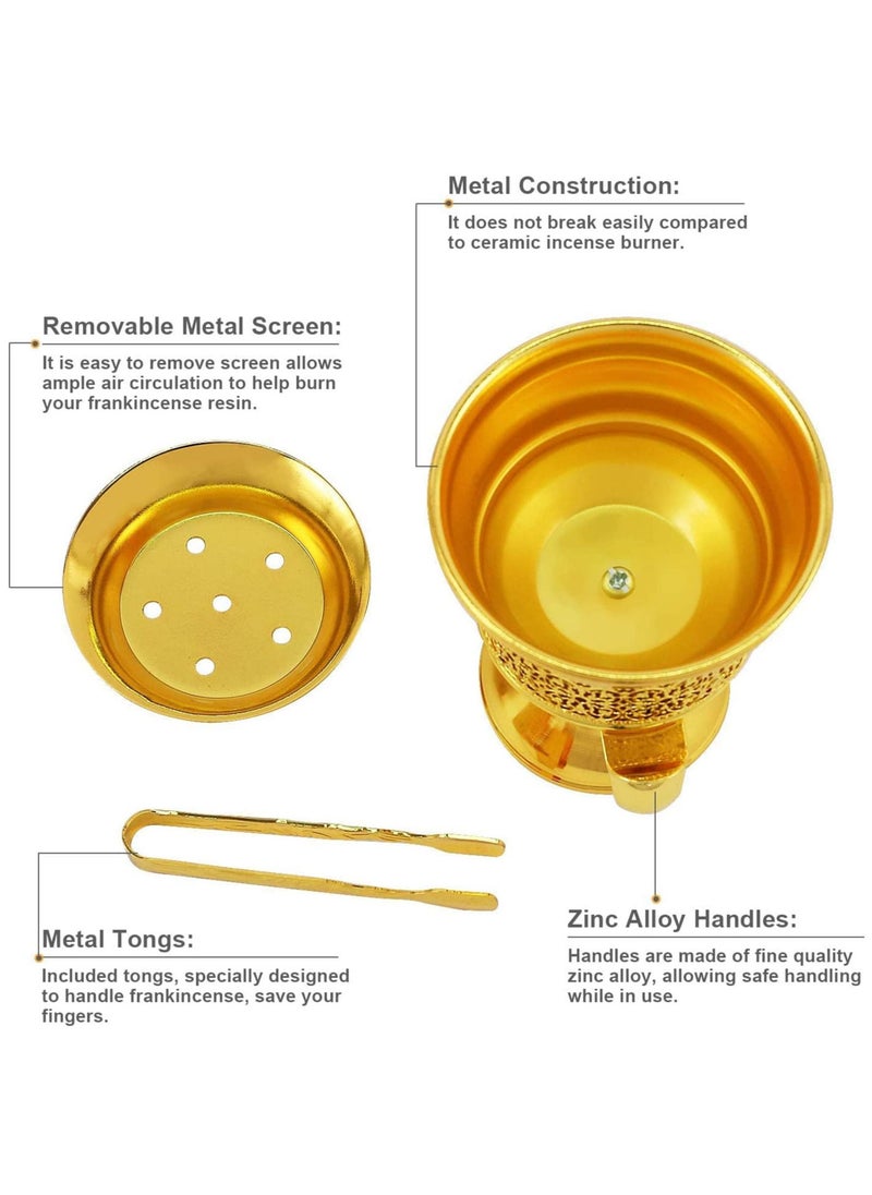 SAQOWARE Metal Frankincense Resin Incense Burner | Premium Metal Bakhoor Burner with Tong | Madkhan | Mabkhara | Oud Burner | Incence Burner | Myrrh Burner with Tongs for Yoga | Spa Aromatherapy (Gold)  - Image 2