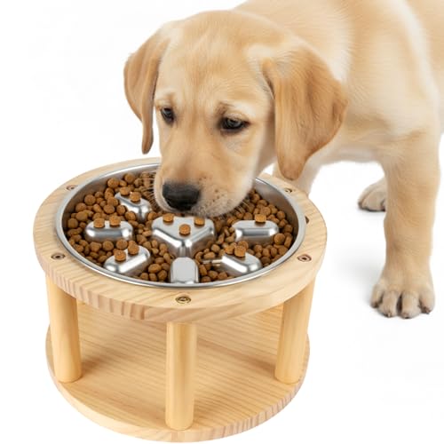 Vivifying Elevated Dog Bowl, Height-Adjustable Pine Wood Stand with Stainless Steel Slow Feeder Bowl, Available in Two Heights 5.9" & 10.6", Fits Small, Medium & Large Dogs - Image 1