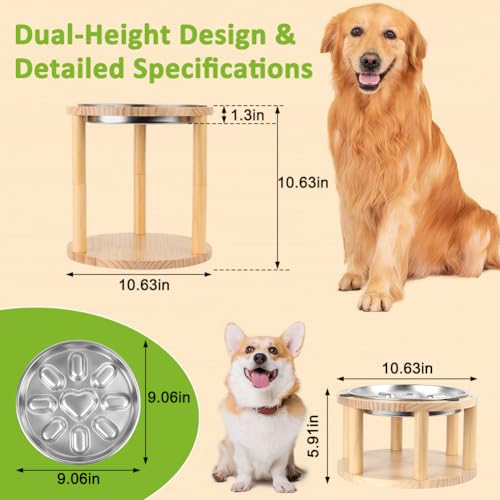 Vivifying Elevated Dog Bowl, Height-Adjustable Pine Wood Stand with Stainless Steel Slow Feeder Bowl, Available in Two Heights 5.9" & 10.6", Fits Small, Medium & Large Dogs - Image 2