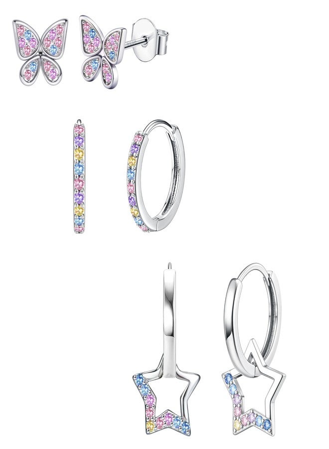 YADOCA 925 Sterling Silver Earrings Hypoallergenic Hoop Earrings for Girls Women Cute Toddler Earrings Kids Earrings Jewelry for Teen Girl Heart Star CZ Butterfly Stud Earrings Set for Sensitive Ears - Image 1