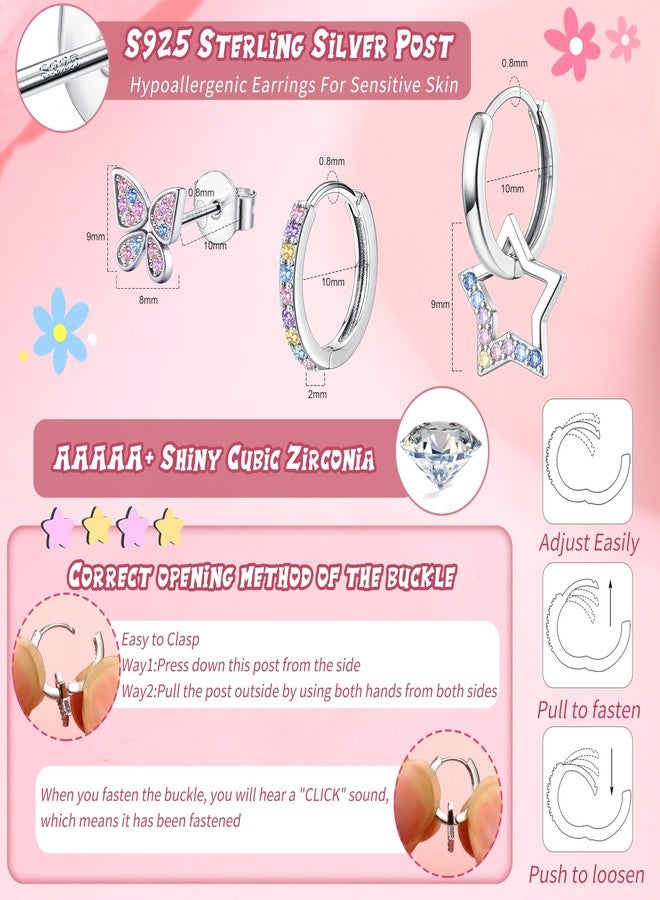 YADOCA 925 Sterling Silver Earrings Hypoallergenic Hoop Earrings for Girls Women Cute Toddler Earrings Kids Earrings Jewelry for Teen Girl Heart Star CZ Butterfly Stud Earrings Set for Sensitive Ears - Image 2