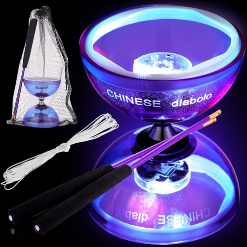 Simgoing Chinese Yoyo Diabolo Set Includes Colorful LED Diabolo Light up with 2 Pieces Sticks 1 Piece String 1 Net Bag for FunPurple - Image 1