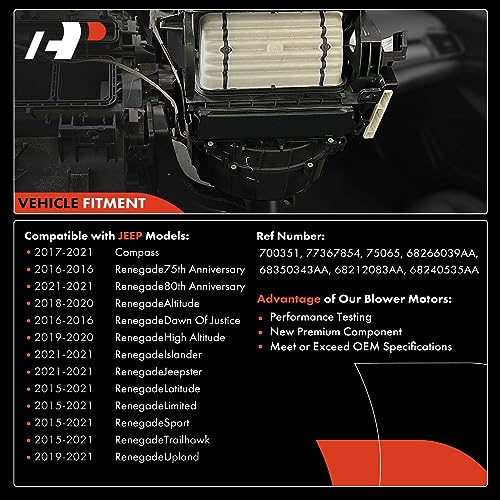 A-Premium HVAC Heater Blower Motor Assembly Compatible with Jeep, Fiat & Dodge Vehicles - Compass 2017-2022, Renegade 2015-2023, 500X 2016-2022, Hornet 2023 - Replace# 68212083AA, 68240535AA - Image 3