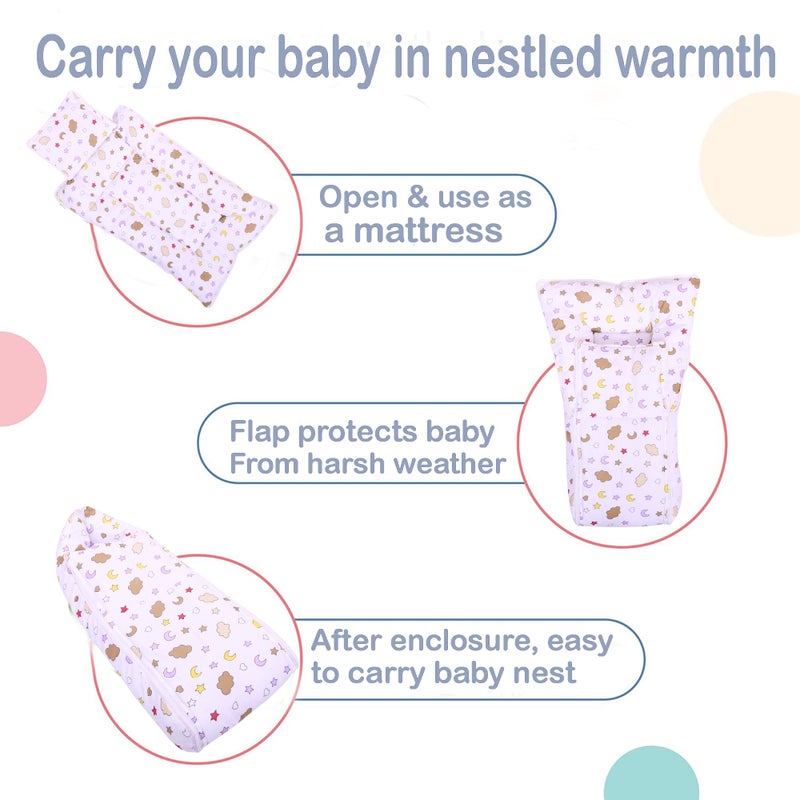 Nonibud Nonibud Baby Cotton Sleeping Bed Cum Carrying Nest Bag with Storage Bag # Large Size 77 Cms X 40 Cms # 0-9 Months- SkyBlue Star Print (White Clouds) - Image 5