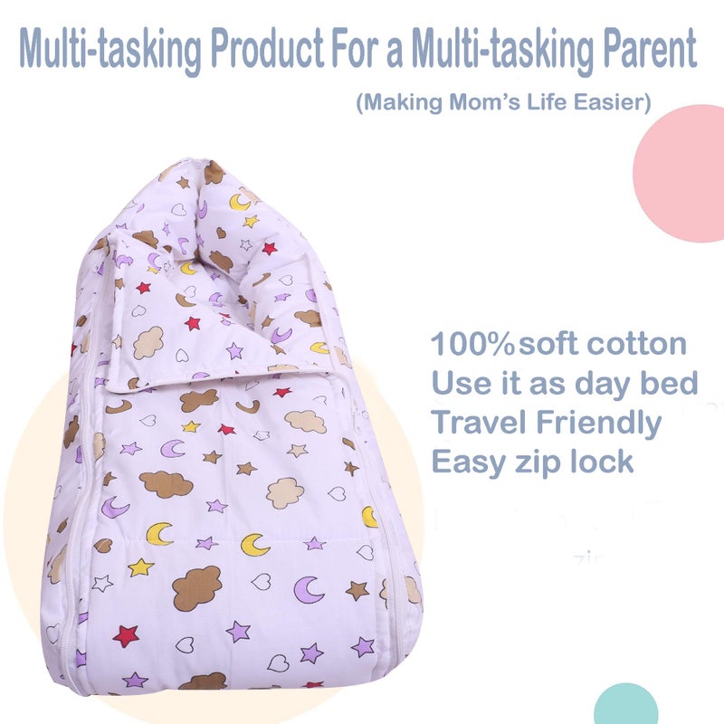 Nonibud Nonibud Baby Cotton Sleeping Bed Cum Carrying Nest Bag with Storage Bag # Large Size 77 Cms X 40 Cms # 0-9 Months- SkyBlue Star Print (White Clouds) - Image 3