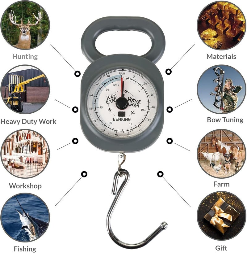 BENKING Analog Luggage Scale with Hook – Heavy Duty Portable Manual Weighing Scale for Travel Bags & Suitcases – Weighs up to 32 Kg – Lightweight Handheld Baggage Scale (Grey) - Image 4
