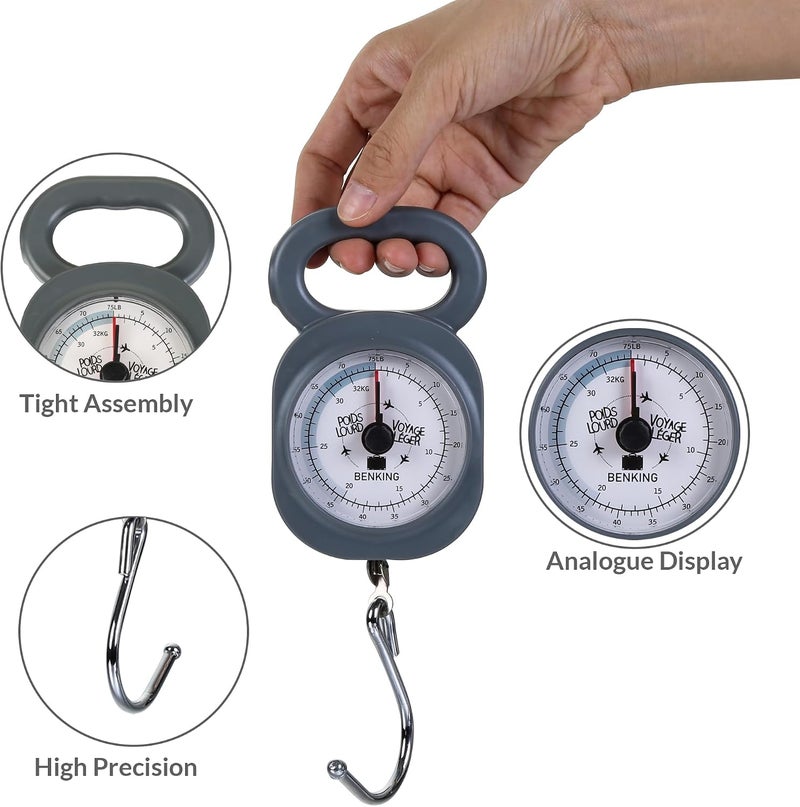 BENKING Analog Luggage Scale with Hook – Heavy Duty Portable Manual Weighing Scale for Travel Bags & Suitcases – Weighs up to 32 Kg – Lightweight Handheld Baggage Scale (Grey) - Image 3