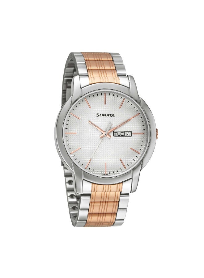 Sonata Quartz Analog with Day and Date White Dial Metal Strap Watch for Men - Image 1