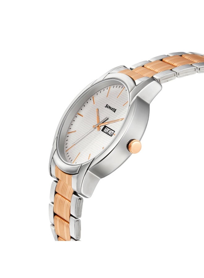 Sonata Quartz Analog with Day and Date White Dial Metal Strap Watch for Men - Image 3
