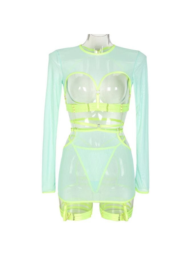 European And American Underwear 5-piece Set Hollow Strap Personality Long Sleeve Top With Leg Ring 3317