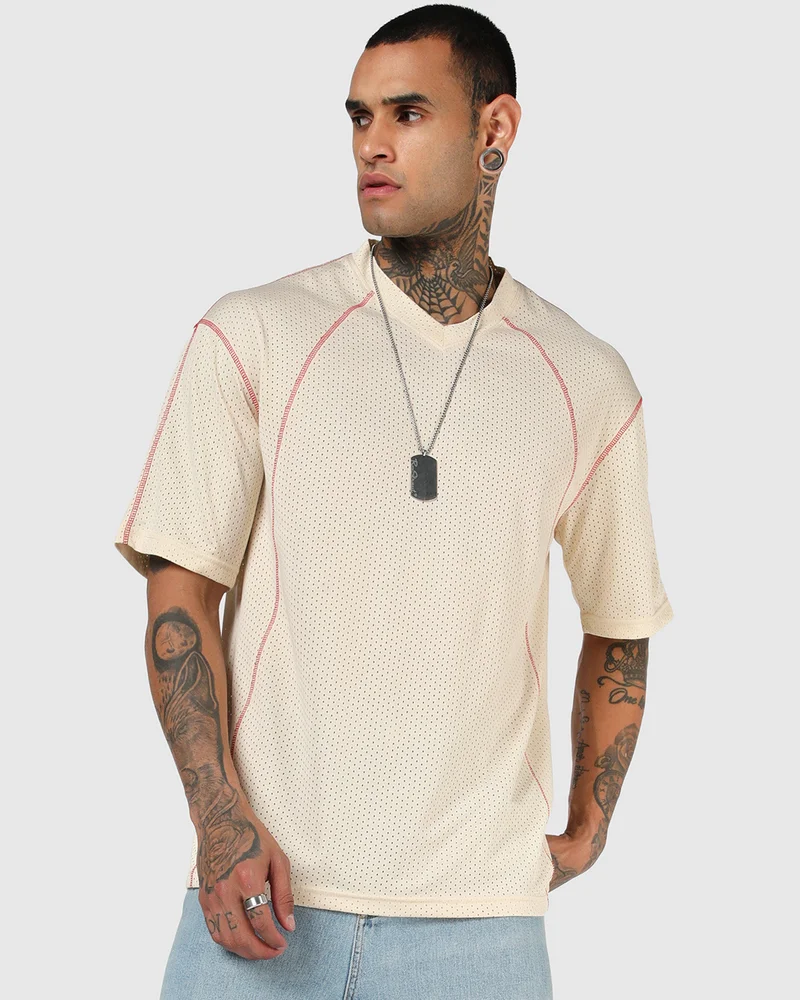 bewakoof Men's Beige Textured Oversized T-shirt