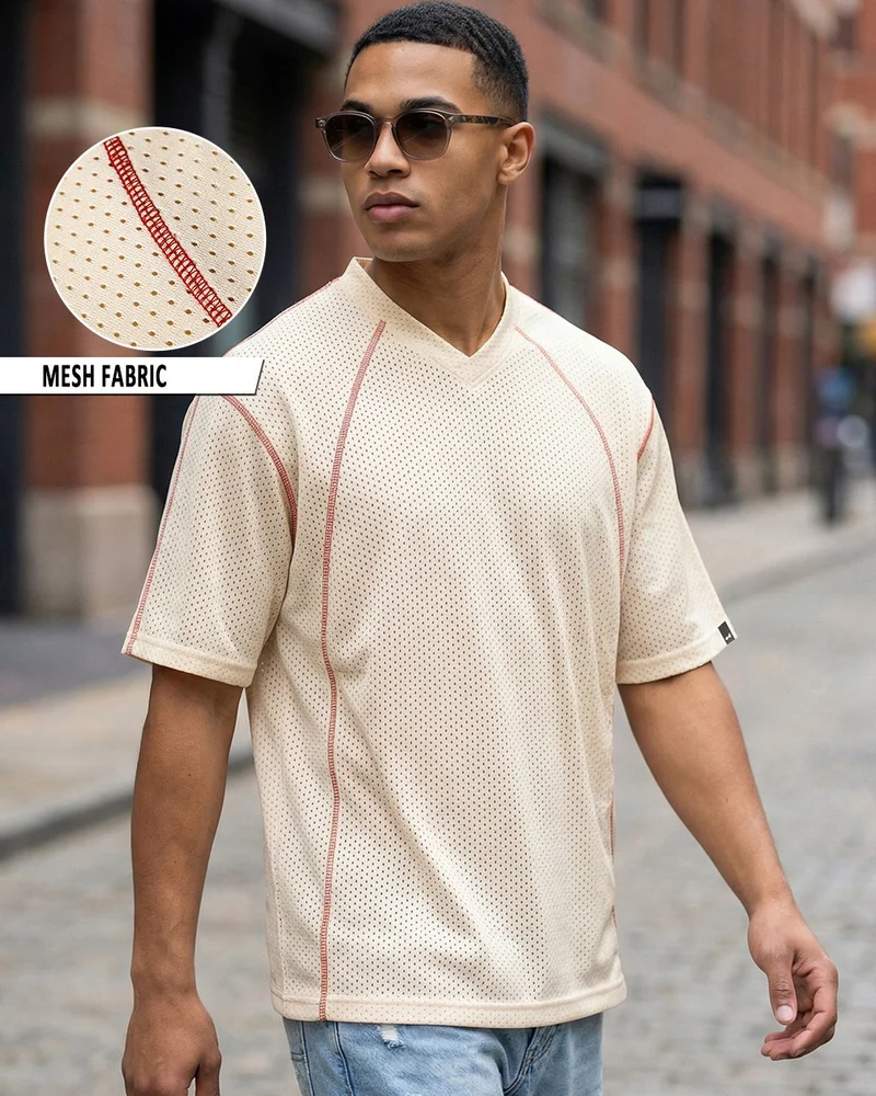 بيواكوف Men's Beige Textured Oversized T-shirt