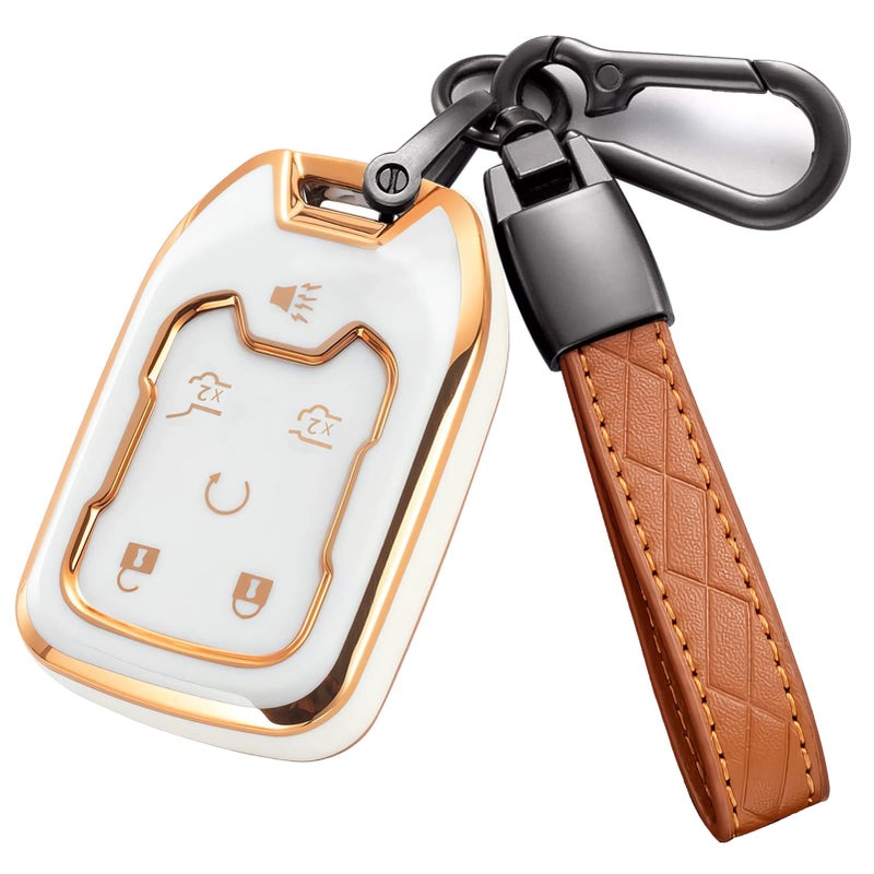 Cacacar for Chevy GMC Key Fob Cover with Keychain for Terrain Yukon Acadia Chevrolet Suburban Tahoe Premium Soft TPU Key Fob Case Remote Key Holder 6 Buttons Ivory