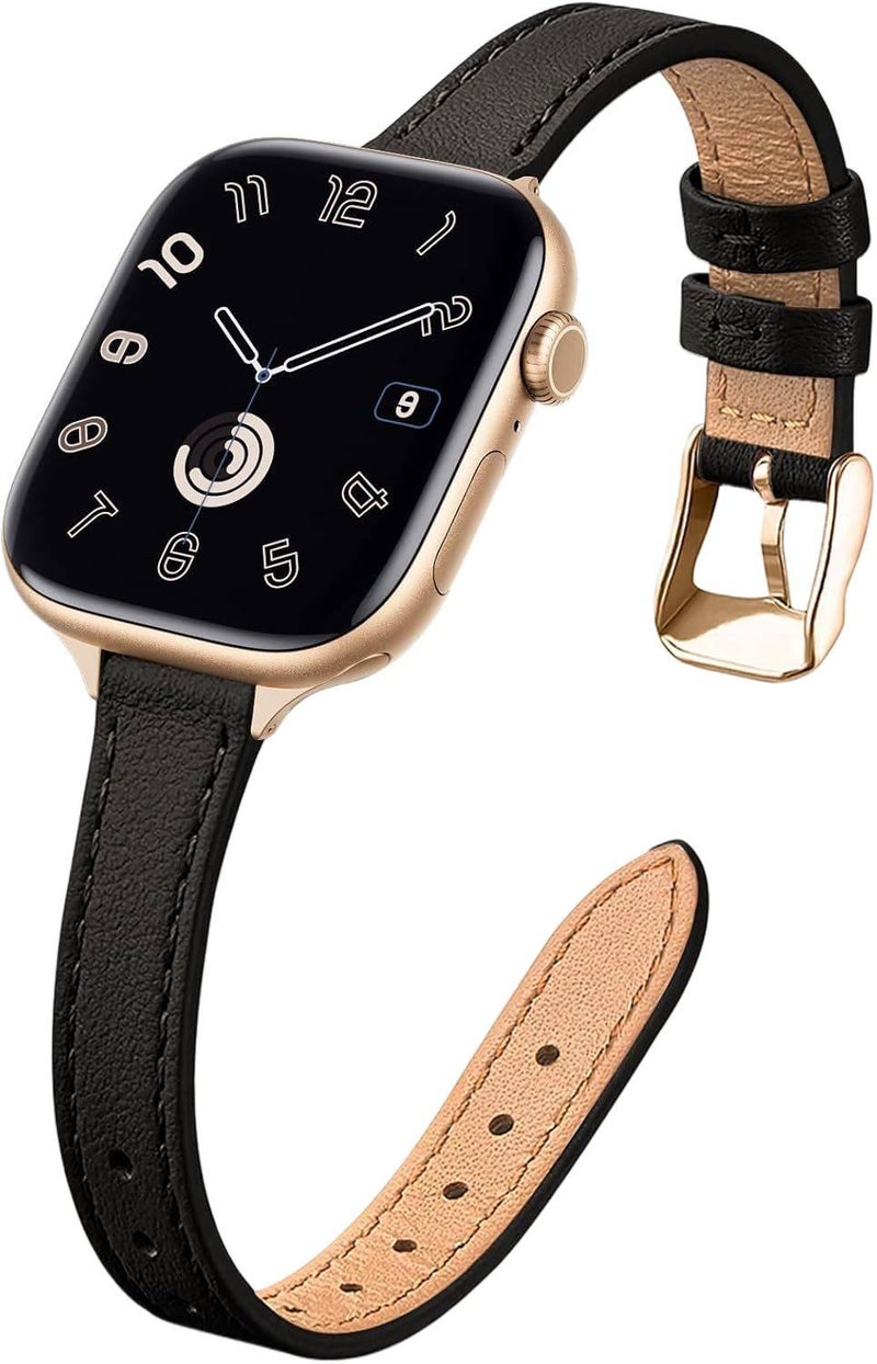AD Black Classic Leather Strap Smartwatch Band Compatible with Apple Watch / SE with Adjustable Fit Replacement Strap for Daily Wear - Image 1