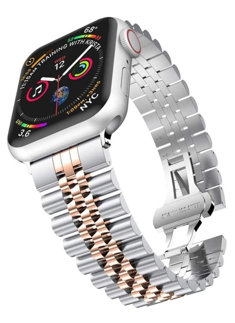Replacement Band Compatible with Apple Watch 45mm / 44mm / 42mm, Stainless Steel Solid Strap Metal Bracelet for Apple Watch Series 7 6 5 4 3 2 SE (Silver + Rose Gold) - Image 1