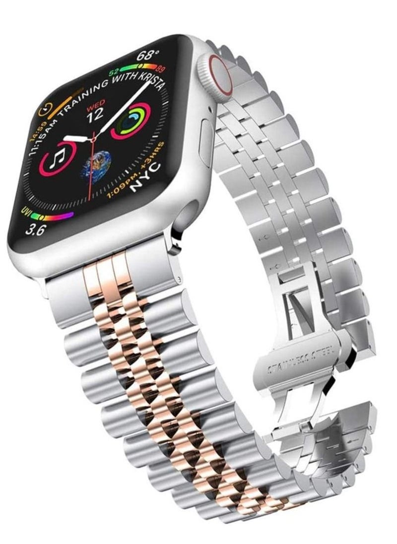 Replacement Band Compatible with Apple Watch 45mm / 44mm / 42mm, Stainless Steel Solid Strap Metal Bracelet for Apple Watch Series 7 6 5 4 3 2 SE (Silver + Rose Gold) - Image 3