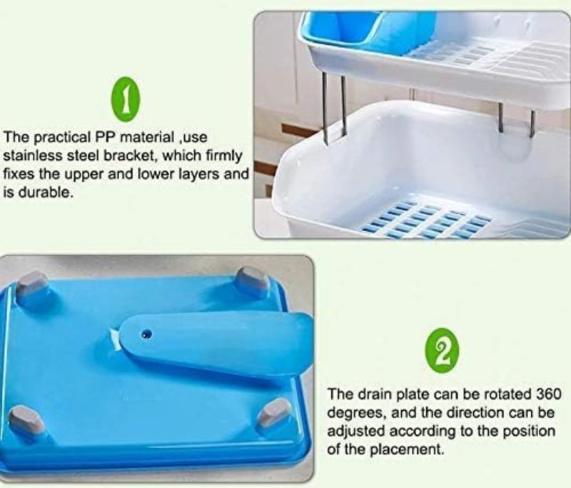 RENARSH حامل أطباق مطبخ بلاستيكي ذو طبقتين مع صينية وحامل أدوات (أزرق) - Image 4