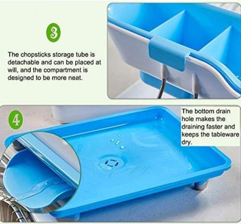 RENARSH حامل أطباق مطبخ بلاستيكي ذو طبقتين مع صينية وحامل أدوات (أزرق) - Image 5