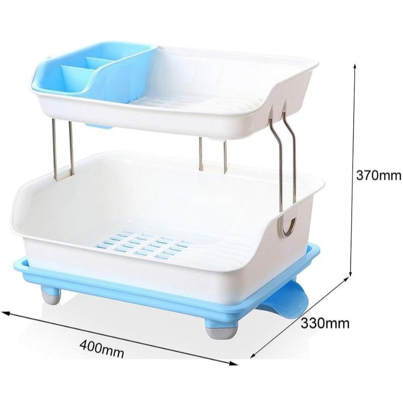 RENARSH حامل أطباق مطبخ بلاستيكي ذو طبقتين مع صينية وحامل أدوات (أزرق) - Image 3