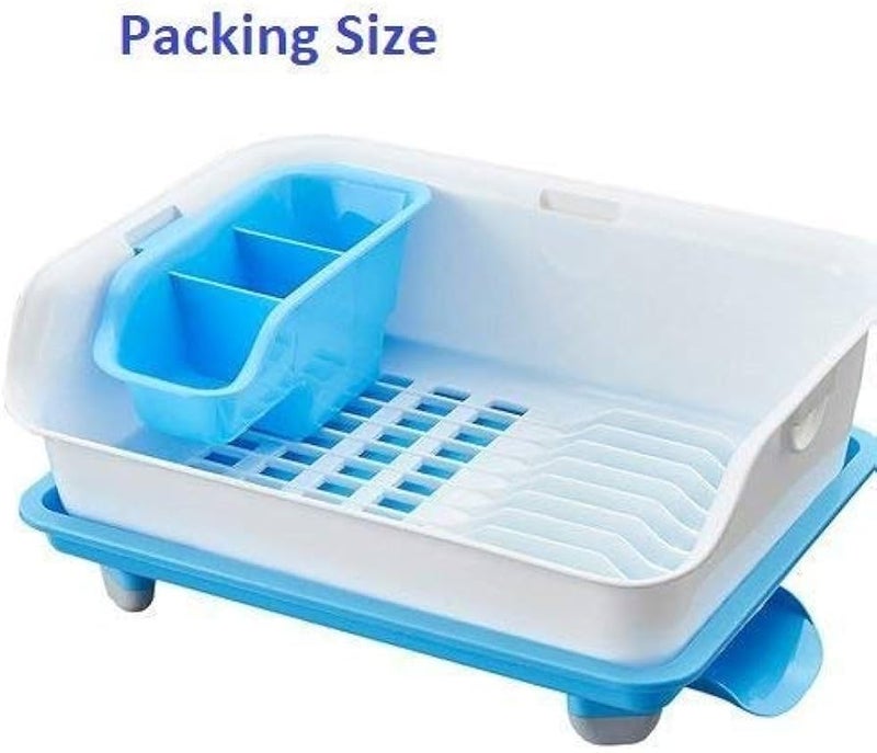 RENARSH حامل أطباق مطبخ بلاستيكي ذو طبقتين مع صينية وحامل أدوات (أزرق) - Image 2