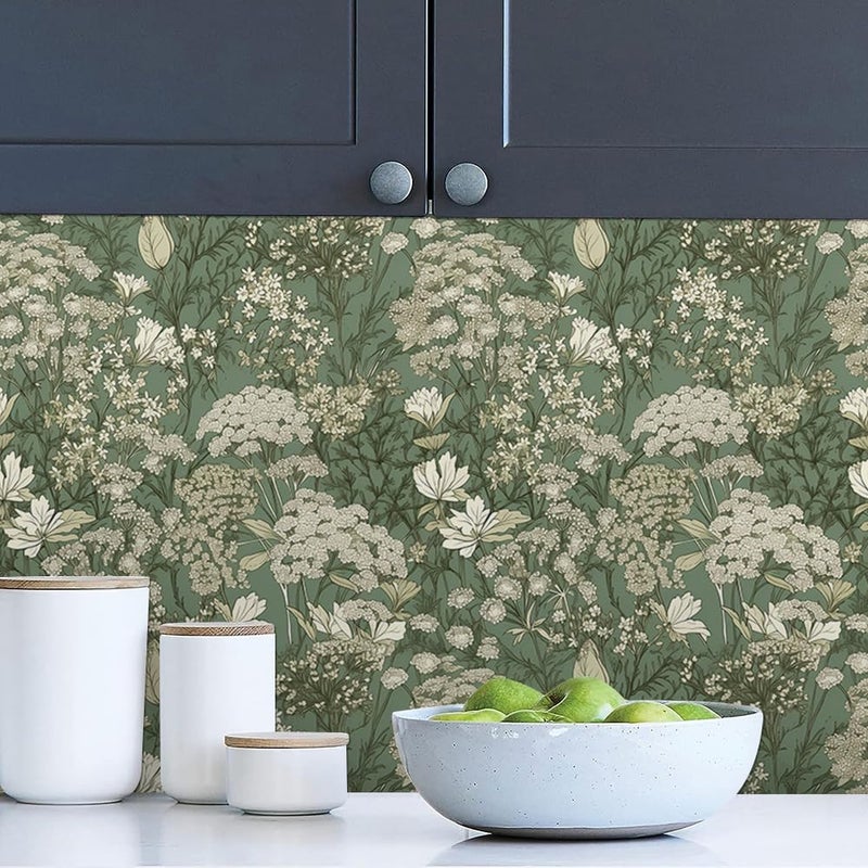 MuralPeel Grass Green White Wildflower Babys Breath Meadow Vintage Plants Peel and Stick Wallpaper Self Adhesive Removable Easy Peel Off Stick on Wall Paper for Bedroom Cabinet Renter - Image 3