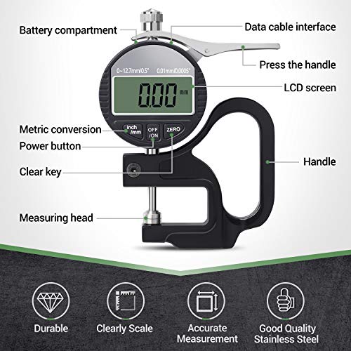 BNISE Digital Thickness Gauge 0.5 inch/12.7mm, 0.0005"/0.01mm, Thickness Meter Metric/inch Paper/Film/Fabric/Tape Thickness Gauge - Image 2