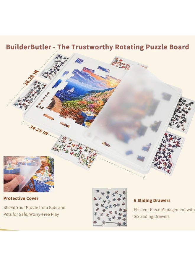 BuilderButler Rotating Puzzle Board for 1500 Pieces with 6 Sliding Drawers and Cover – 360° Lazy Susan Spinning, 26"x35" Portable Durable Plastic, Birthday Gift for Mom and Jigsaw Puzzle Enthusiasts - Image 2