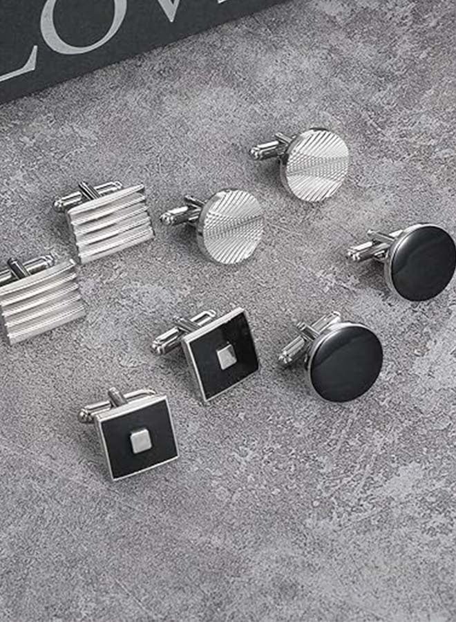 ٨ قطع من أزرار الأكمام الرجالية، أزرار أكمام كلاسيكية فضية وسوداء، أزرار أكمام مخططة دائرية ومربعة ومستطيلة للقميص والبدلة الرسمية وحفل الزفاف، هدية أنيقة للعريس - Image 3