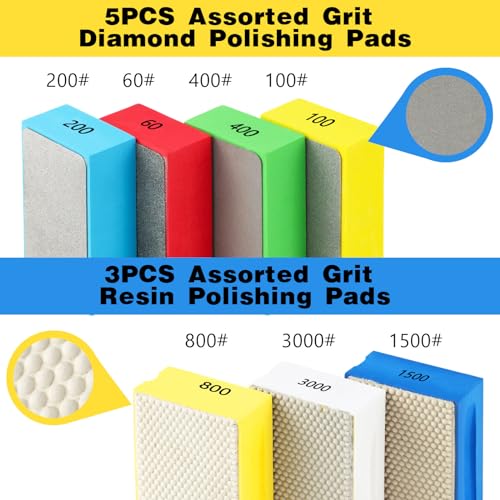 Dimsile 7 Pcs Diamond Hand Polishing Pads 60/100/200/400/800/1500/3000 Grit Diamond Sanding Pads Wet and Dry Sanding Block with Sponge Backing for Glass Tile Stone Concrete Granite Marble Ceramics - Image 2